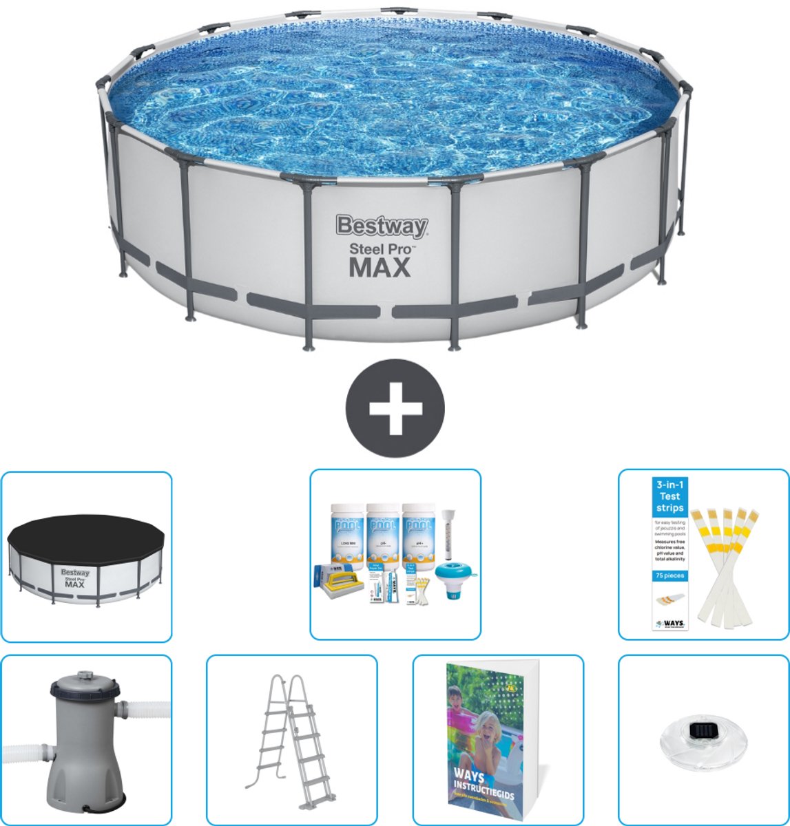 Bestway Rond Steel Pro MAX Zwembad - 457 x 122 cm - Grijs - Inclusief Pomp - Ladder - Afdekzeil - Onderhoudspakket - Verlichting - 8-delig