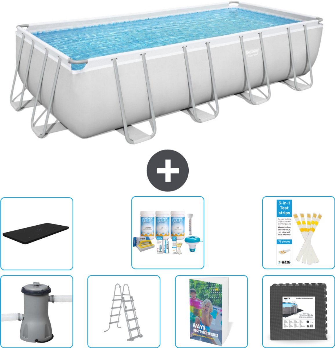 Bestway Rechthoekig Power Steel Zwembad - 488 x 244 x 122 - Grijs Inclusief Pomp - Ladder - Afdekzeil - Onderhoudspakket - Vloertegels - 8-delig