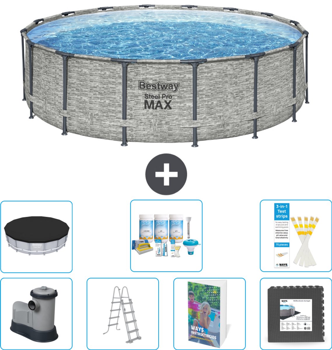 Bestway Rond Steel Pro MAX Zwembad - Steenprint - 488 x 122 cm - Inclusief Pomp - Ladder - Afdekzeil - Onderhoudspakket - Vloertegels - 8-delig