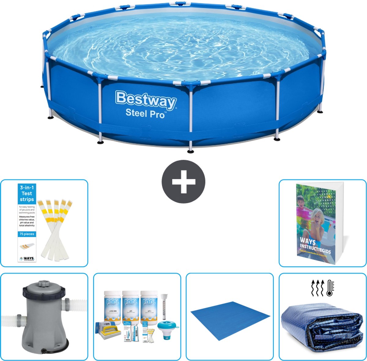 Bestway Rond Steel Pro Zwembad - 366 x 76 cm - Blauw - Inclusief Pomp - Onderhoudspakket - Grondzeil - Solarzeil - 7-delig