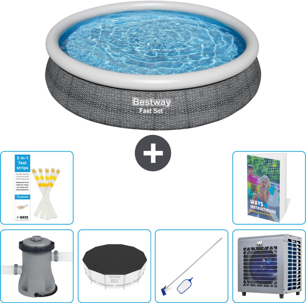 Bestway Rond Opblaasbaar Fast Set Zwembad - Rotanprint - 366 x 76 cm - Inclusief Pomp - Afdekzeil - Schoonmaakset - Warmtepomp - 7-delig