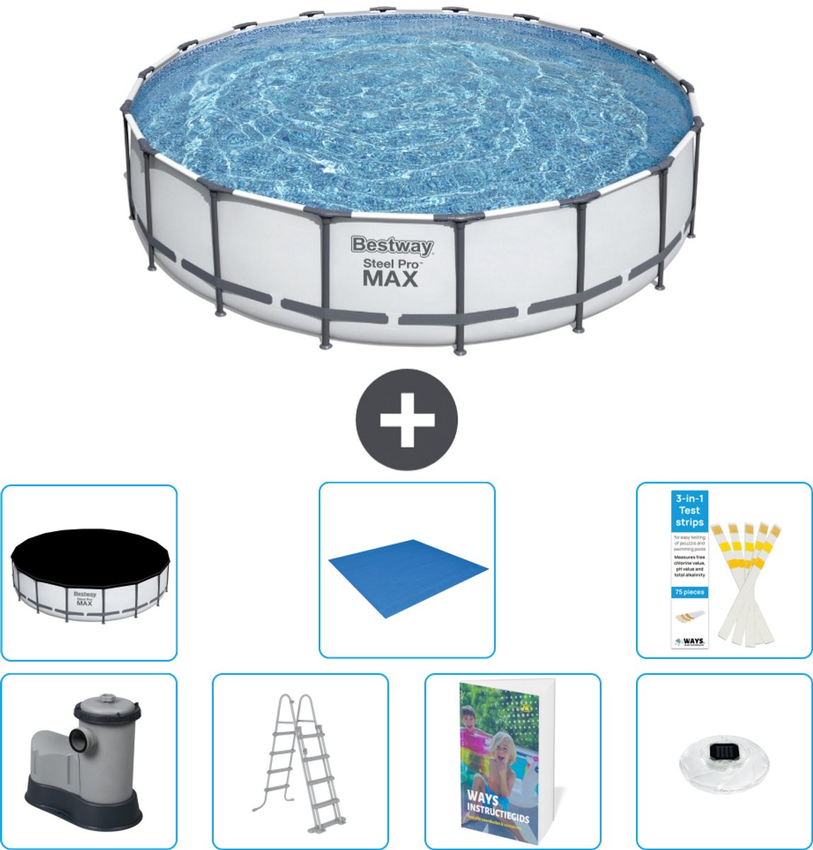 Bestway Rond Steel Pro MAX Zwembad - 549 x 122 cm - Grijs - Inclusief Pomp - Ladder - Afdekzeil - Grondzeil - Verlichting - 8-delig