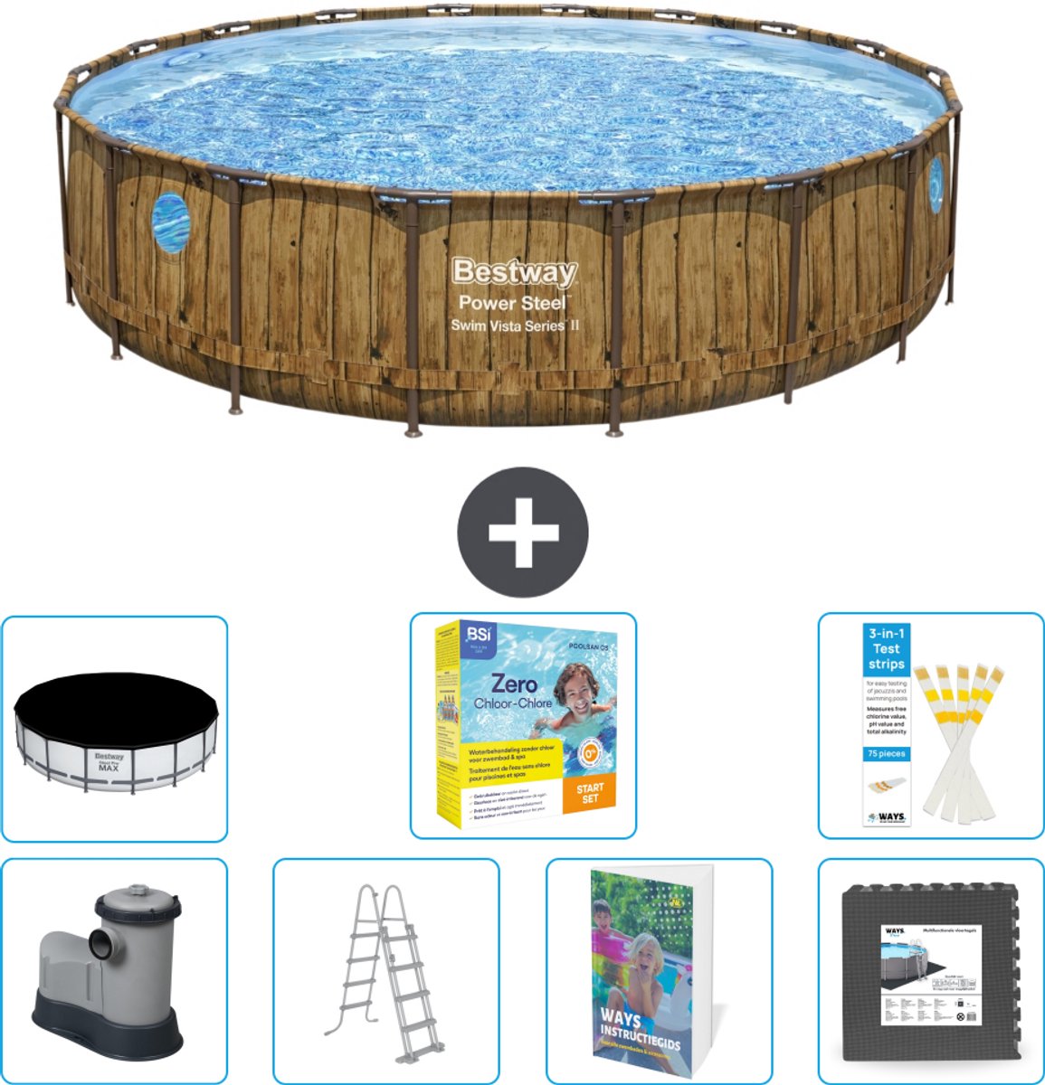 Bestway Rond Power Steel Swim Vista Zwembad - Houtprint - 549 x 122 - Inclusief Pomp - Ladder - Afdekzeil - Onderhoudspakket - Vloertegels - 8-delig