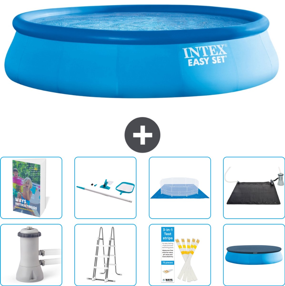 Intex Rond Opblaasbaar Easy Set Zwembad - 457 x 107 cm - Blauw - Inclusief Pomp - Ladder - Grondzeil - Afdekzeil - Schoonmaakset - Solar Mat - 9-delig