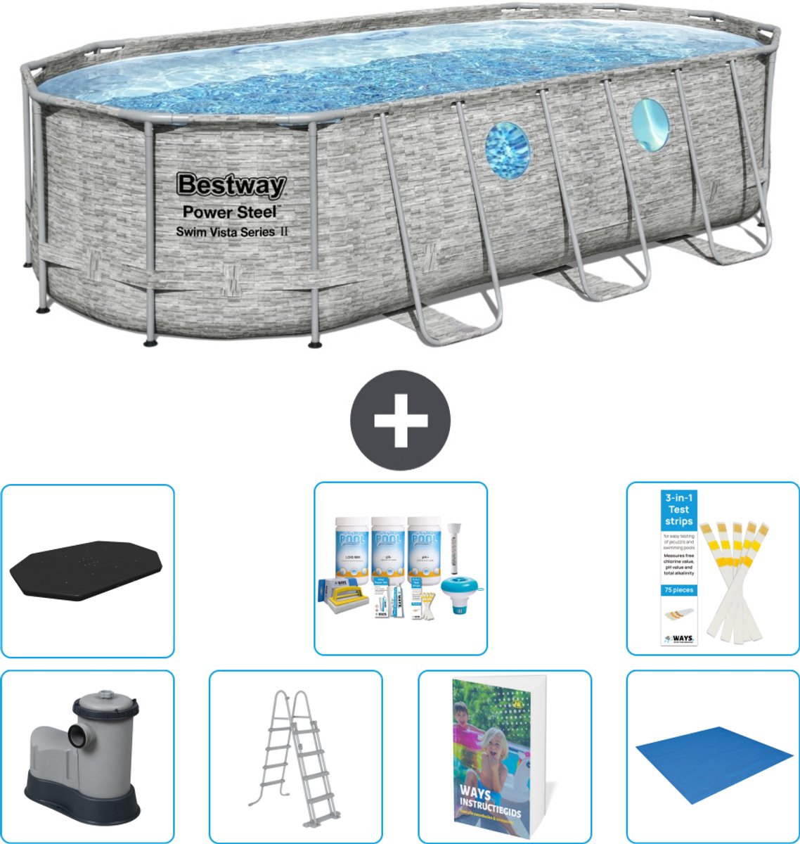 Bestway Ovaal Power Steel Swim Vista Zwembad - Steenprint - 549 x 274 x 122 - Inclusief Pomp - Ladder - Afdekzeil - Onderhoudspakket - Grondzeil - 8-delig
