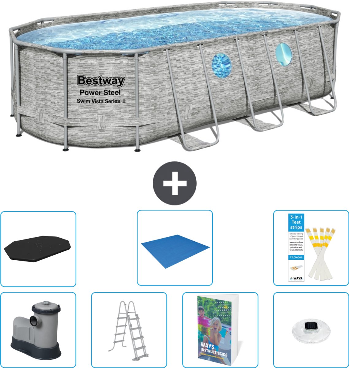 Bestway Ovaal Power Steel Swim Vista Zwembad - Steenprint - 549 x 274 x 122 - Inclusief Pomp - Ladder - Afdekzeil - Grondzeil - Verlichting - 8-delig
