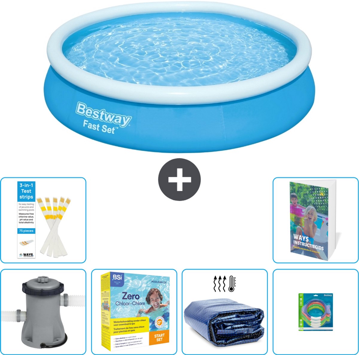 Bestway Rond Opblaasbaar Fast Set Zwembad - 366 x 76 cm - Blauw - Inclusief Pomp - Onderhoudspakket - Solarzeil - Speelgoed - 7-delig