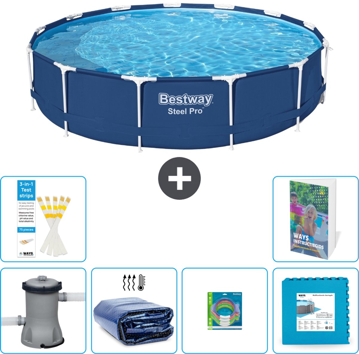 Bestway Rond Steel Pro Zwembad - 396 x 84 cm - Blauw - Inclusief Pomp - Solarzeil - Speelgoed - Vloertegels - 7-delig