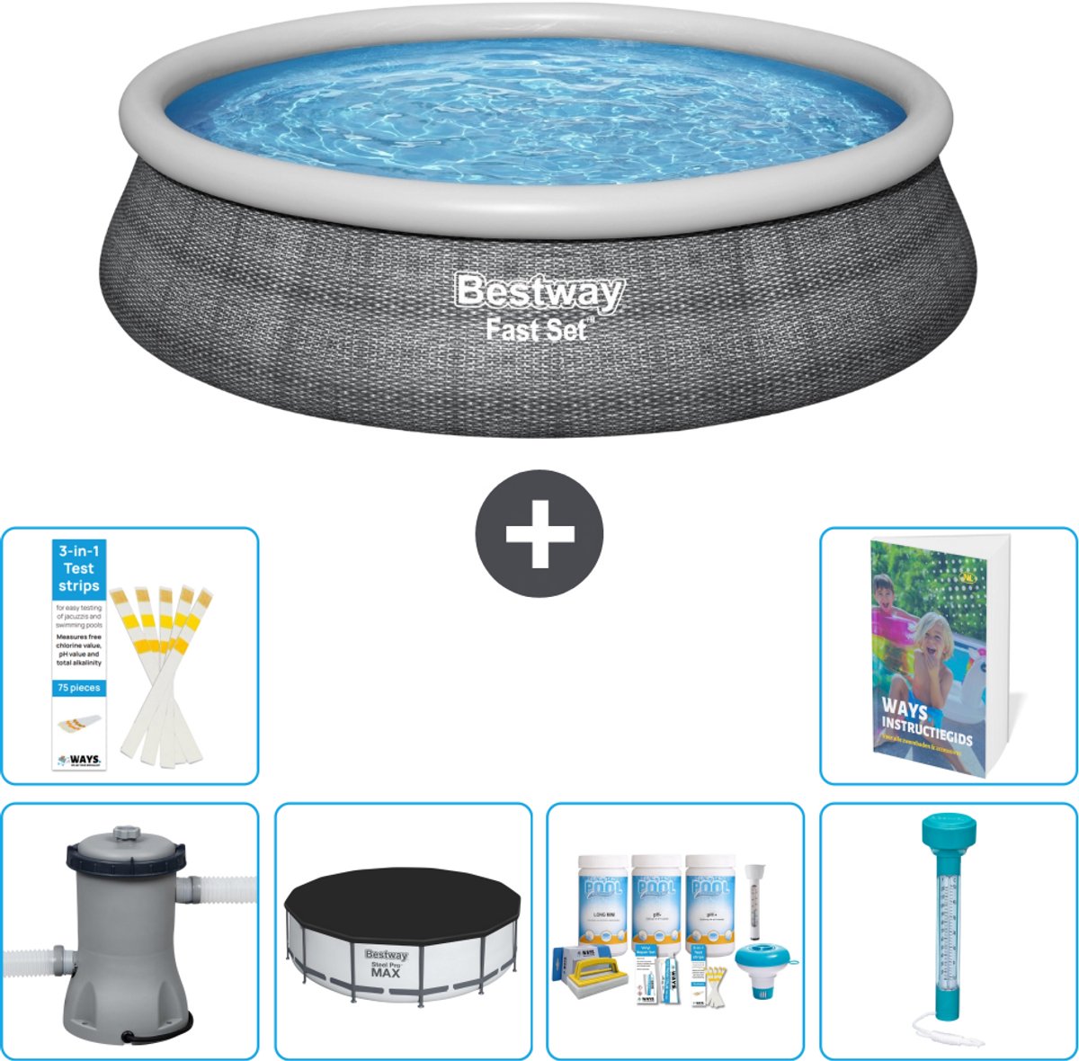 Bestway Rond Opblaasbaar Fast Set Zwembad - Rotanprint - 457 x 84 cm - Inclusief Pomp - Afdekzeil - Onderhoudspakket - Thermometer - 7-delig