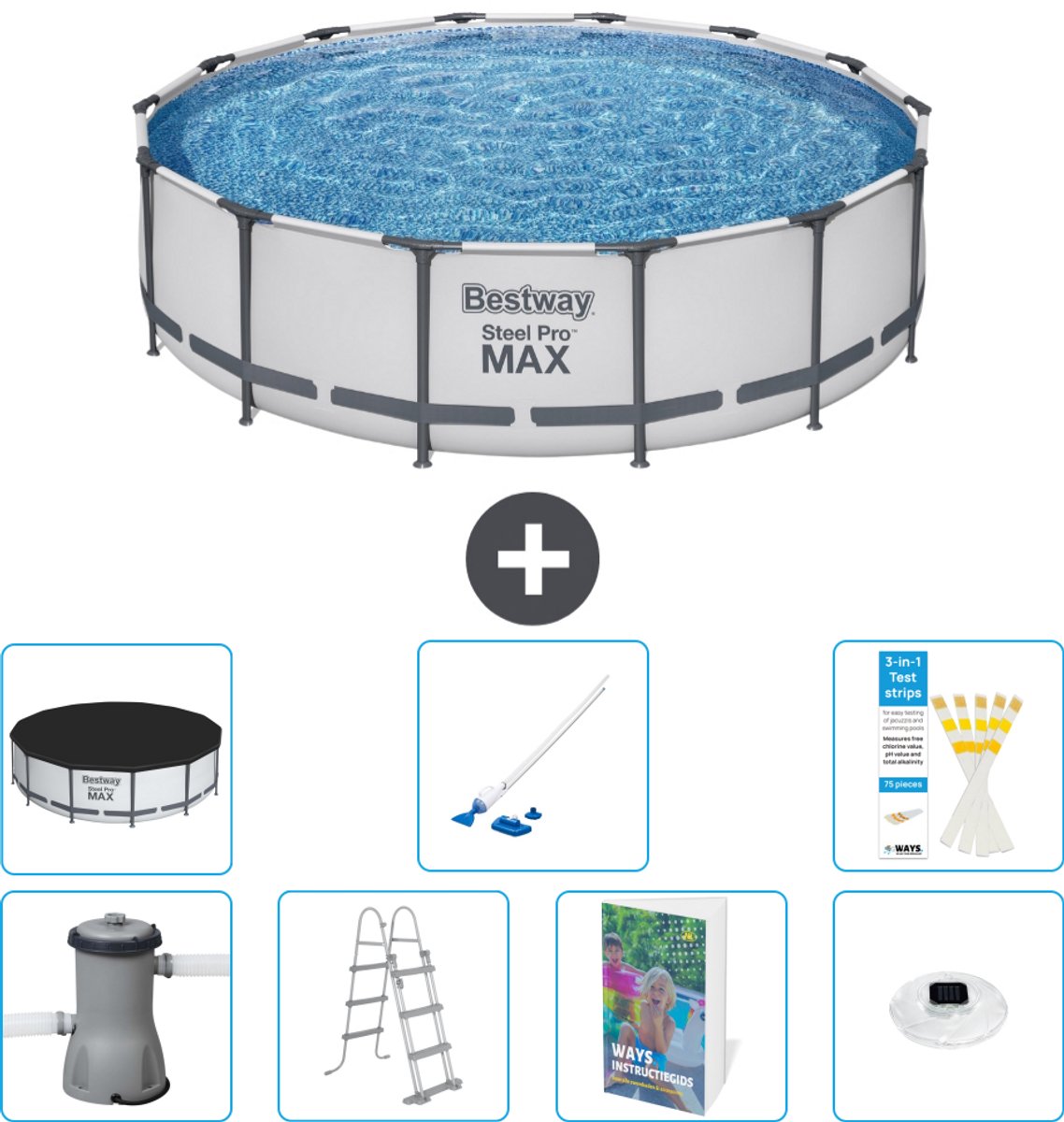 Bestway Rond Steel Pro MAX Zwembad - 427 x 107 cm - Grijs - Inclusief Pomp - Ladder - Afdekzeil - Stofzuiger - Verlichting - 8-delig