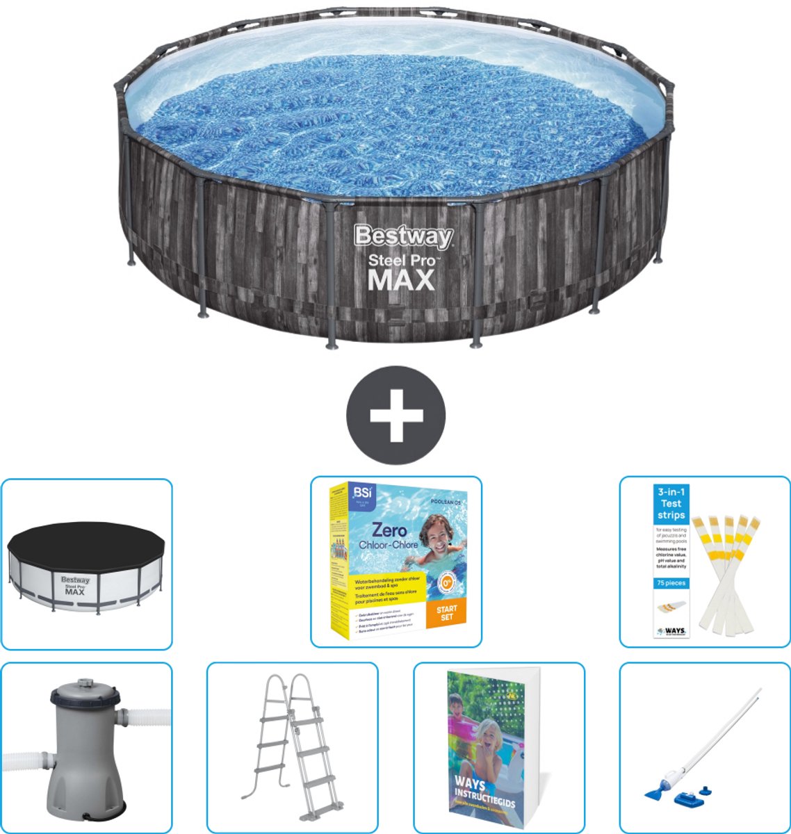 Bestway Rond Steel Pro MAX Zwembad - Houtprint - 427 x 107 cm - Inclusief Pomp - Ladder - Afdekzeil - Onderhoudspakket - Stofzuiger - 8-delig