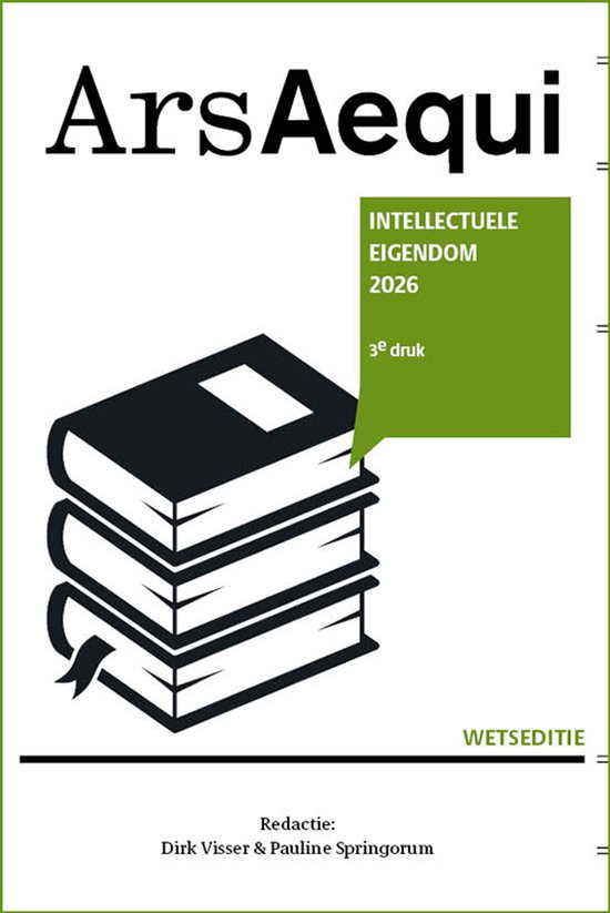 Boekomslag met titel 'ArsAequi Intellectuele Eigendom 2026 3e druk'. Een stapel zwarte boeken met een wit blad.