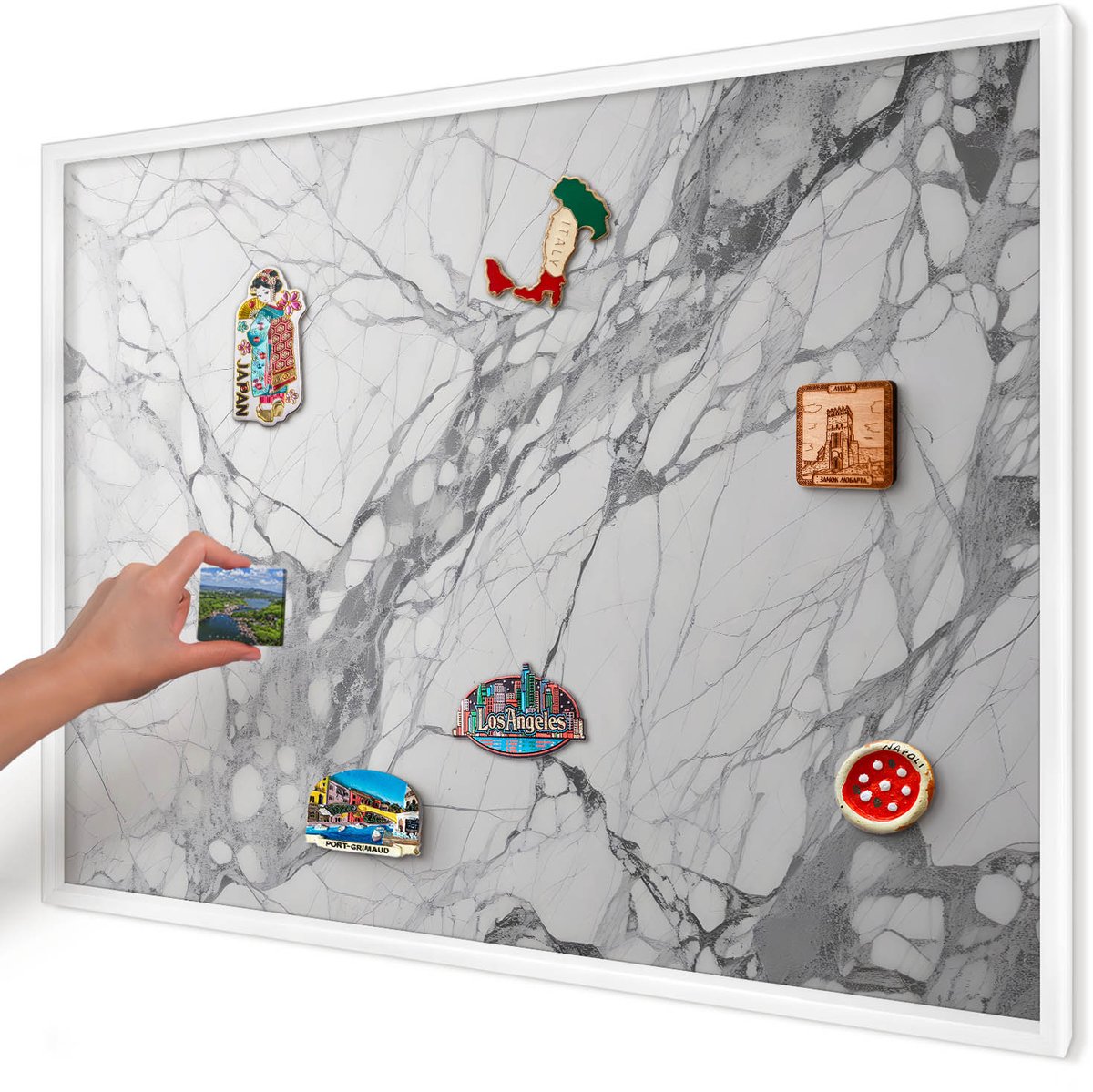 Artprintcave Wit Magneetbord mit Witte Lijst - 100x70 cm - Marmeren Elegantie Magnetisch Bord Voor Magneten - Minimalist Memobord Keuken - Texturen