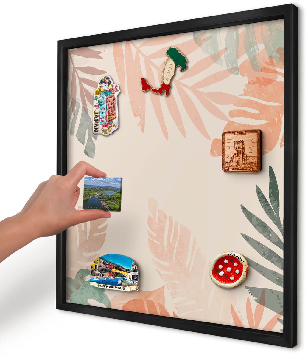 Artprintcave Beige Magneetbord mit Zwart Frame - 50x50 cm - Tropische Bladeren Magnetisch Bord Voor Magneten - Modern Wandbord Magnetisch - Bloemen En Planten
