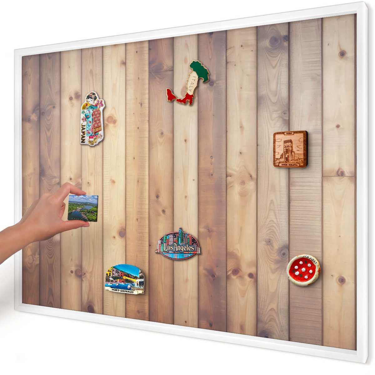 Artprintcave Bruin Magneetbord mit Witte Lijst - 100x70 cm - Houten Planken Memobord Keuken - Rustiek Magnetisch Bord - Texturen