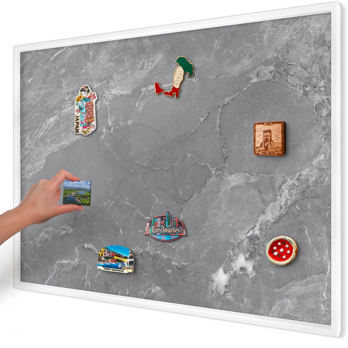 Artprintcave Grijs Magneetbord mit Witte Lijst - 100x70 cm - Grijs Marmer Bord Voor Magneten - Minimalist Wandbord Magnetisch - Texturen