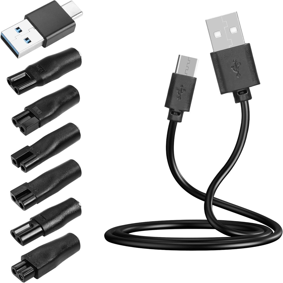 SnelShoppen - 7 Plug 5V USB C Scheerapparaat Oplader Kabel, Compatibel met Diverse Scheerapparaten, Inclusief 6 Vervangende Aansluitingen, Ideaal voor