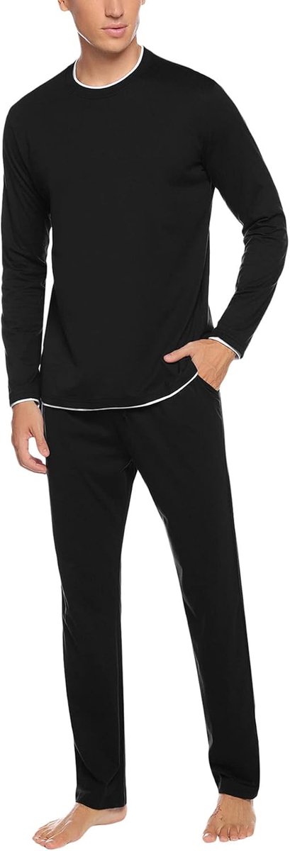 Katoenen pyjamaset voor heren met lange mouwen, pyjama, pyjama-set loungewear, nachtkleding, zachte top en broek met zakken, S-XXL, Stijl D-zwart, S