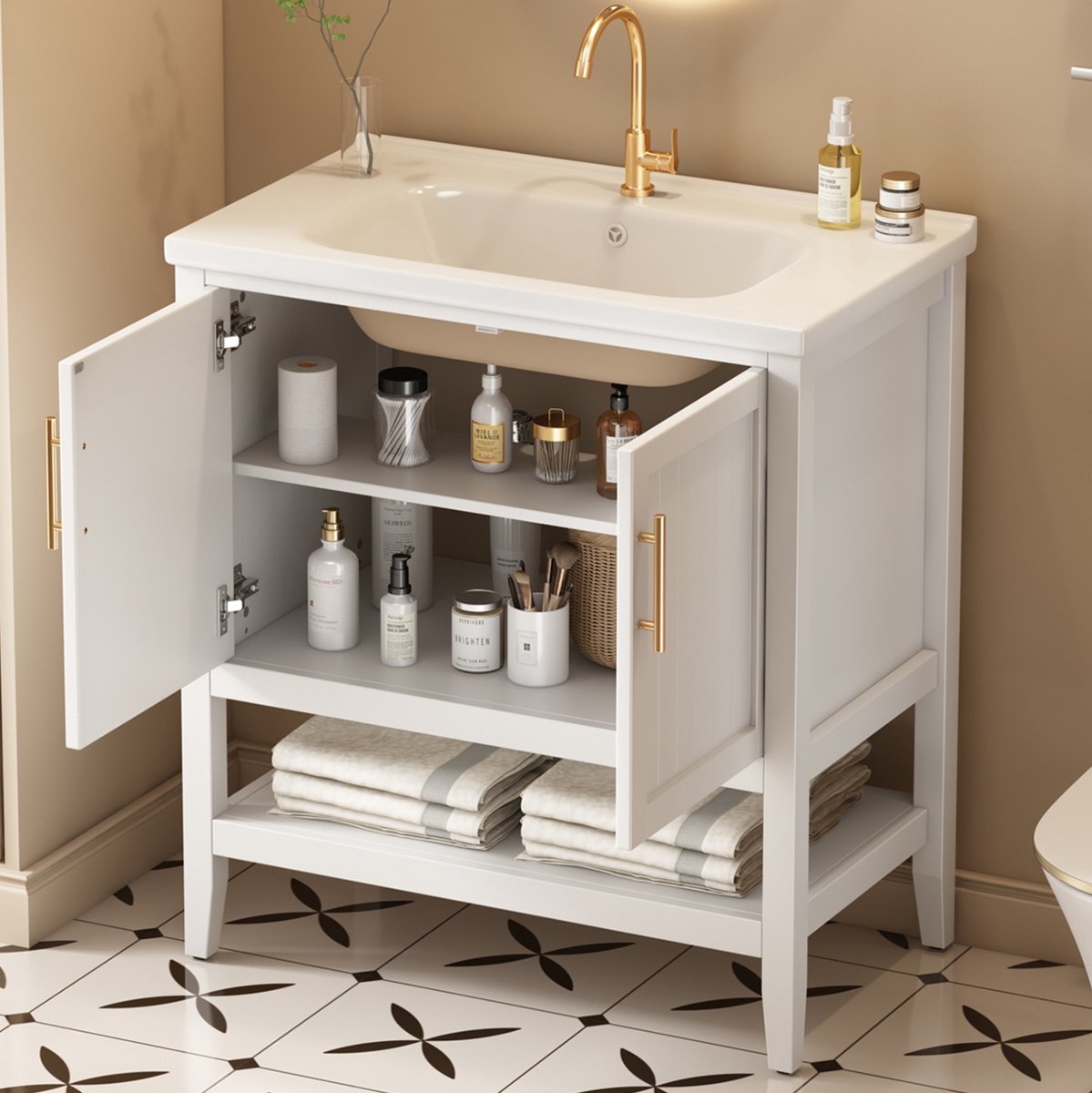 MIVRAY Badkamer Wastafelmeubel Met Keramische Wastafel En Opbergruimte Wit MDF Vloermodel Voor Badkamer 80 X 47 X 89 Cm