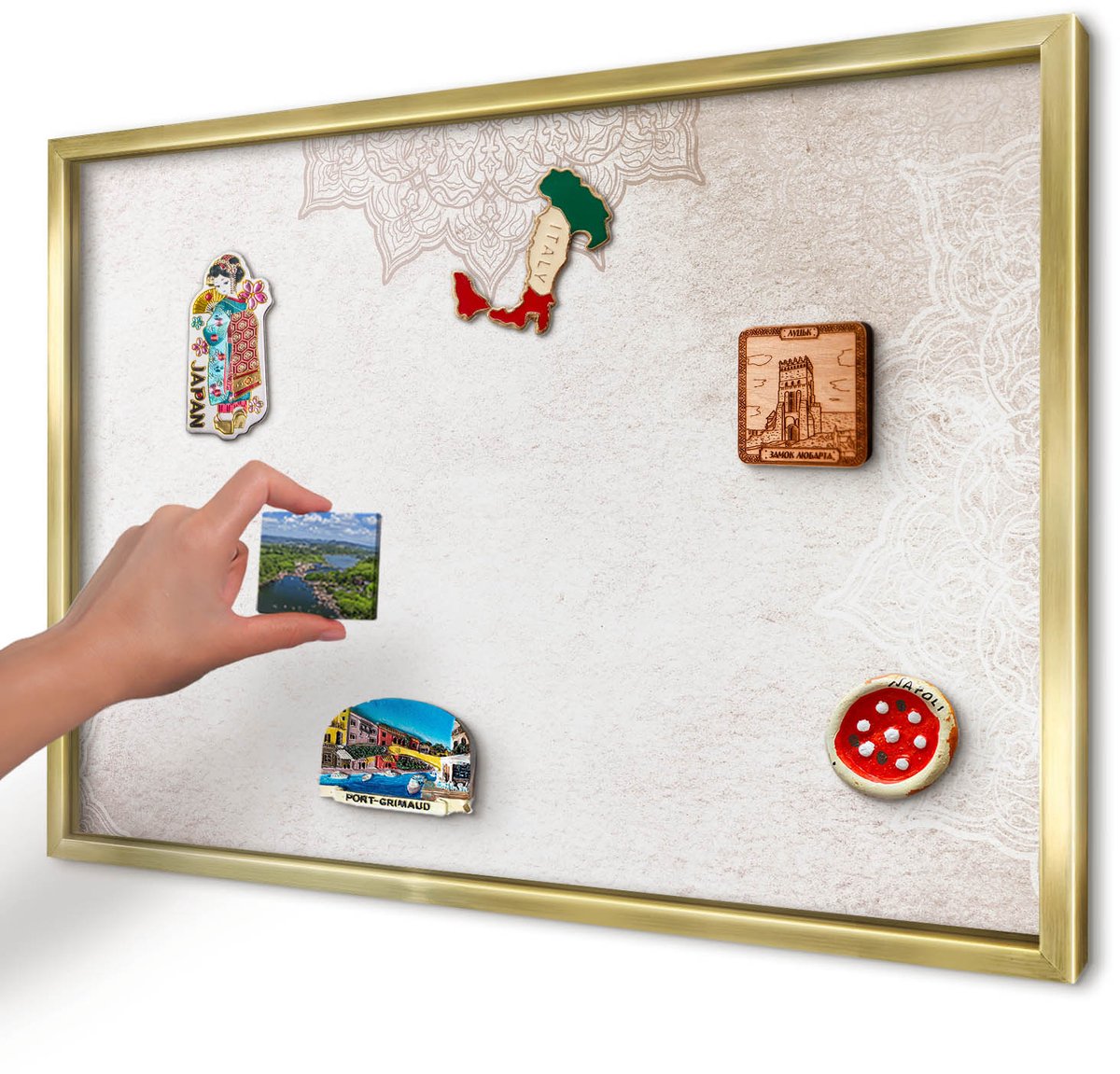 Artprintcave Romig Magneetbord mit Gouden Frame - 60x40 cm - Etnische Patronen Memobord Keuken - Boho Wandbord Magnetisch - Achtergronden En Patronen