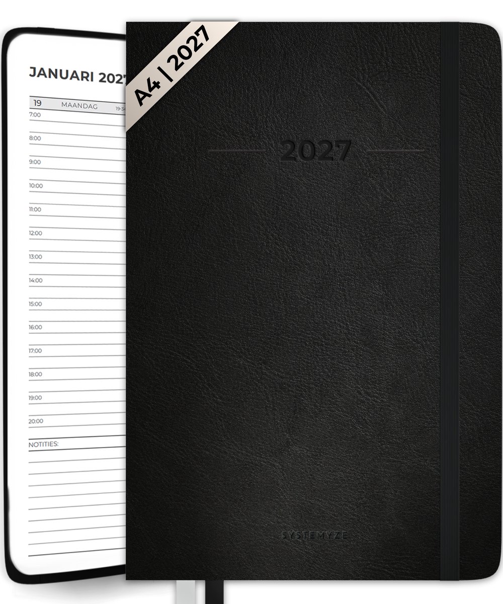 Systemyze Agenda 2027 A4 Softcover - Weekplanner - Maandplanner - Planner - Jaarplanner 2027 - Incl. Tijdsindeling - Zwart