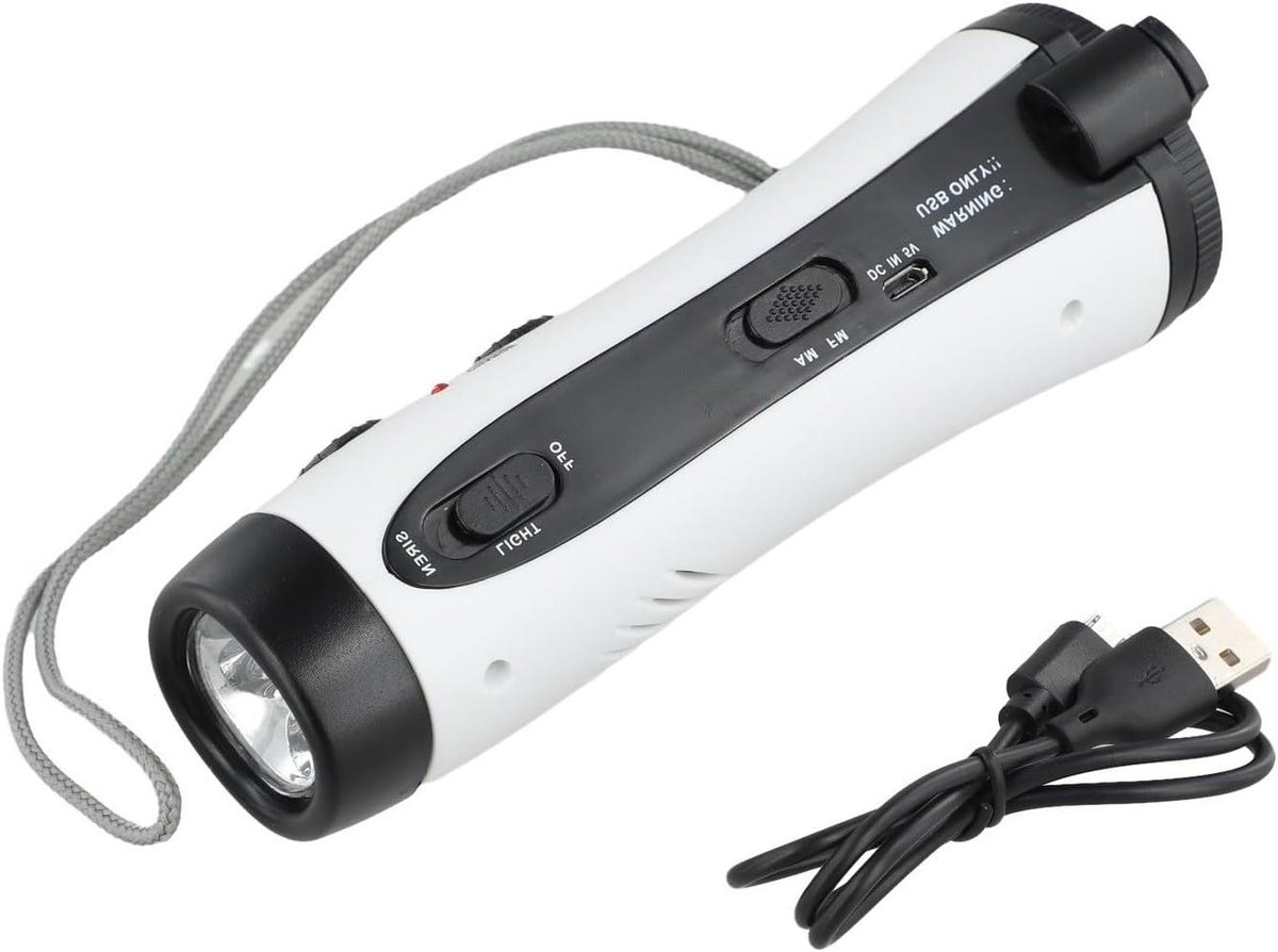 Noodradio met Sl zwengel - Kampeer radio Zaklamp - Noodsituaties Buiten - Handmatige Stroomopwekking - 16 x 5.5 cm - Wit
