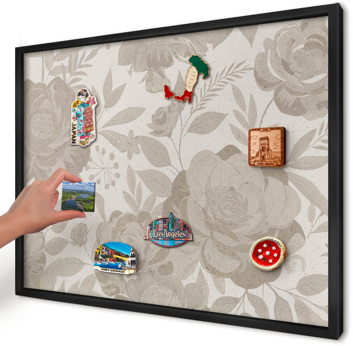 Artprintcave Beige Magneetbord mit Zwart Frame - 70x50 cm - Vintage Bloemen Magneetbord Voor Keuken - Vintage Memobord Keuken - Bloemen En Planten