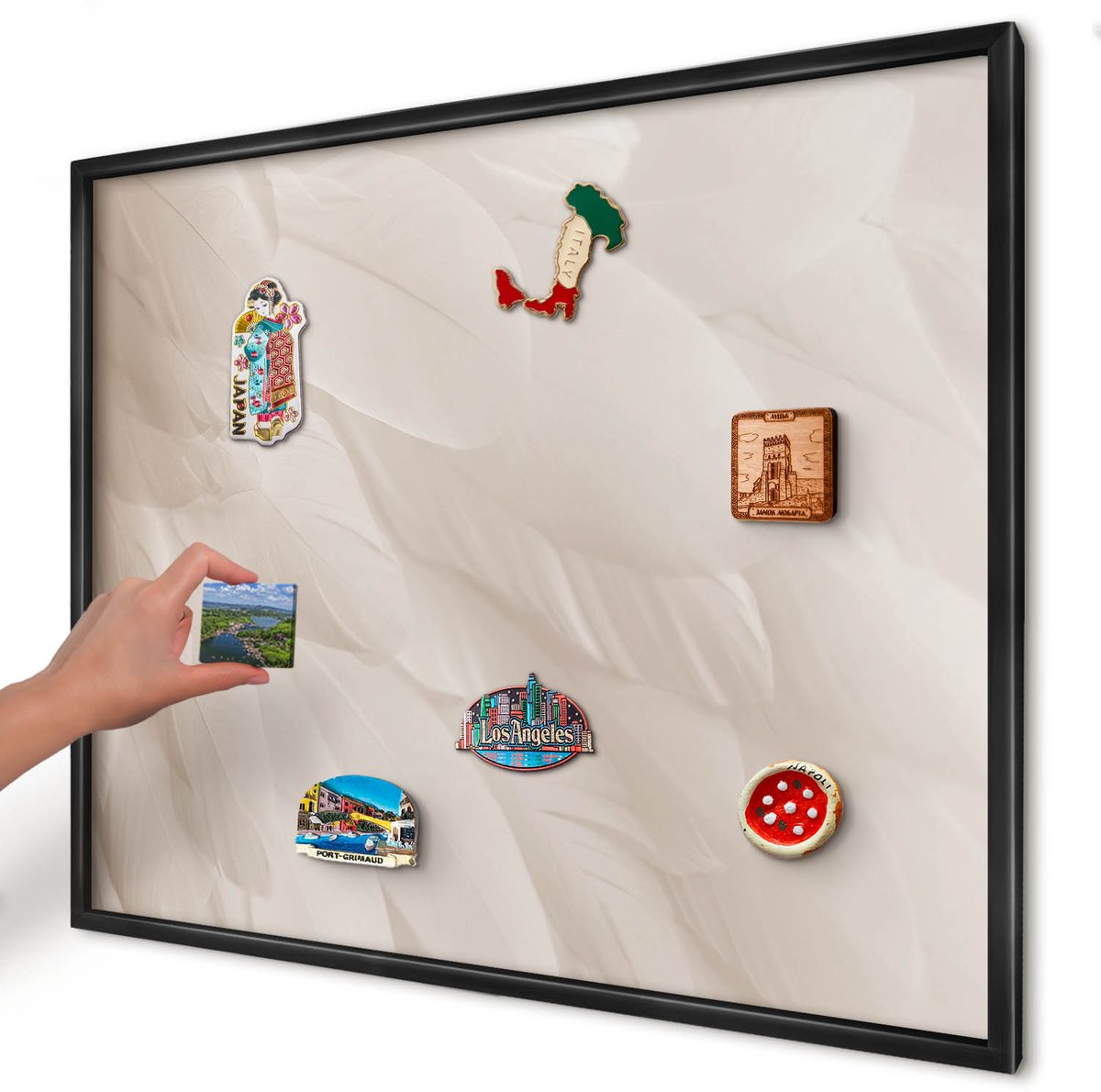 Artprintcave Romig Magneetbord mit Zwart Frame - 80x60 cm - Crèmekleurige Veren Magnetische Organizer - Minimalist Memobord Keuken - Texturen
