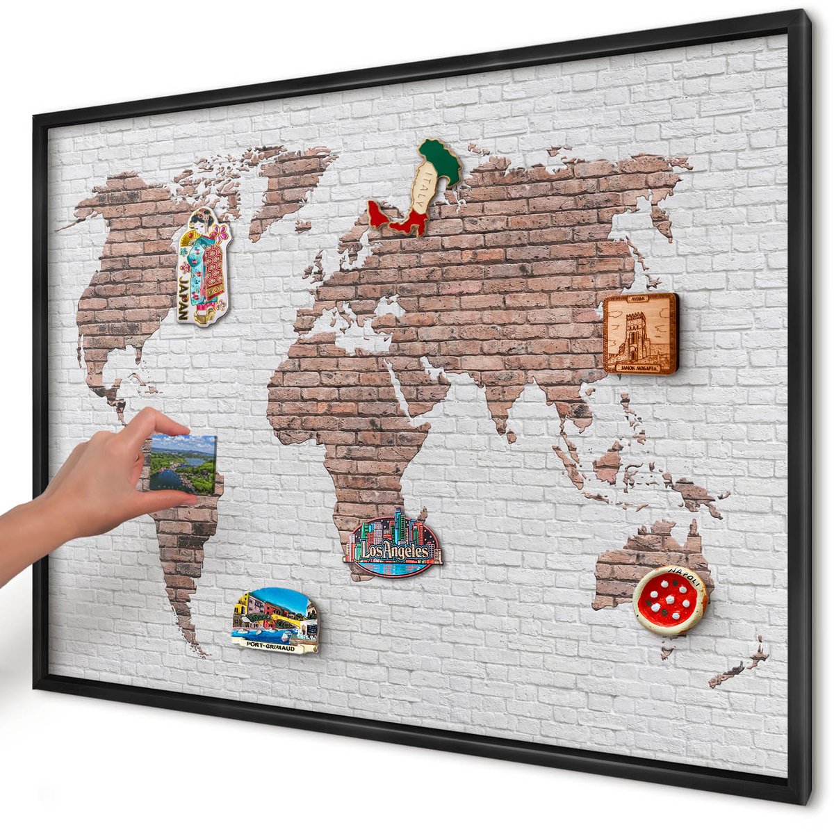 Artprintcave Bruin Magneetbord mit Zwart Frame - 100x70 cm - Bakstenen Plattegrond Memobord Keuken - Industrieel/Loft Magneet Bord mit Frame - Kaarten