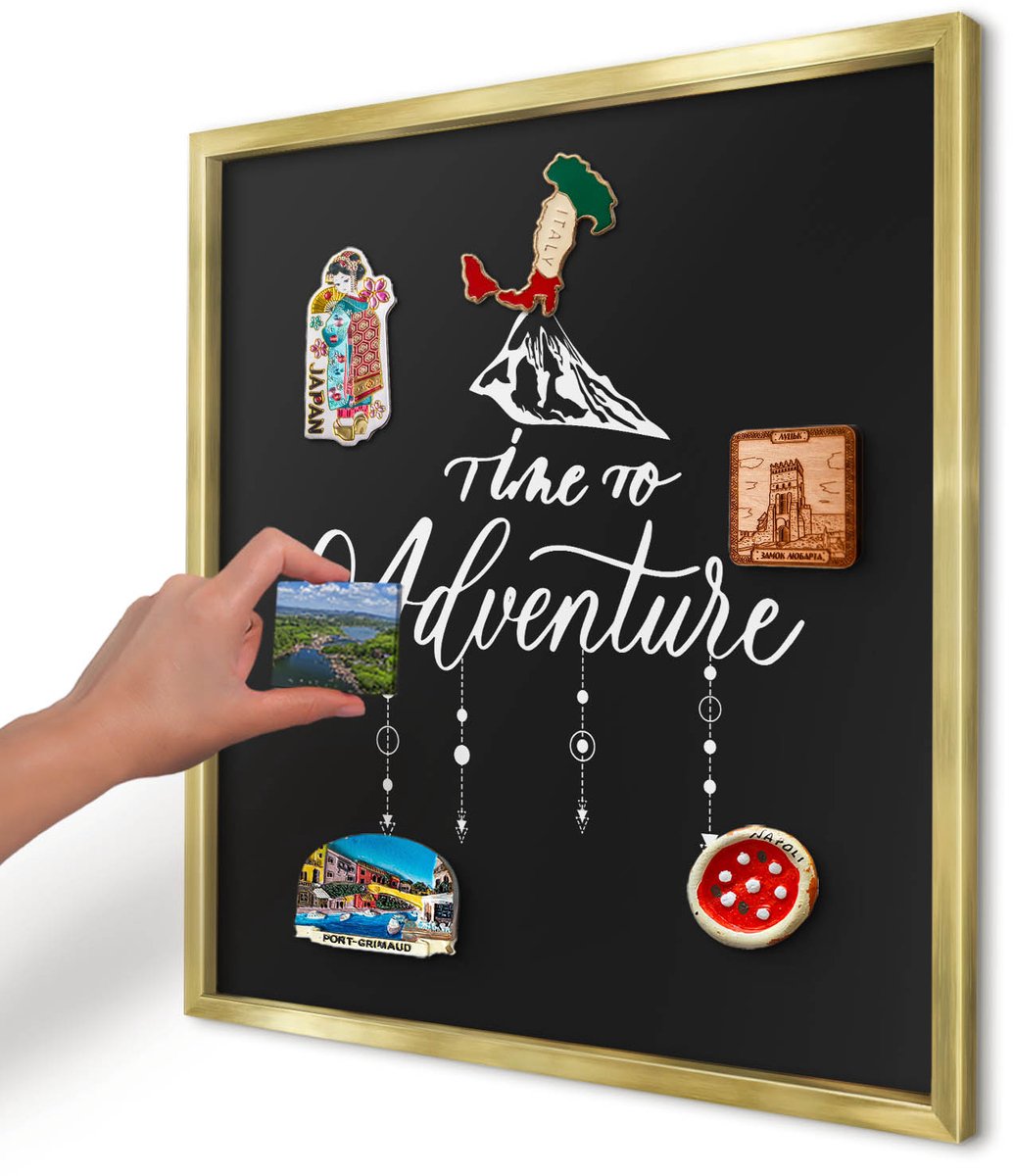 Artprintcave Zwart Magneetbord mit Gouden Frame - 50x50 cm - Avontuur Wacht. Magneetbord Voor Keuken - Modern Magnetisch Bord Voor Magneten - Teksten