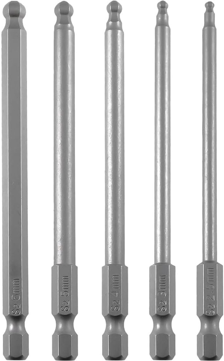 SnelShoppen - 5-delige Ball Head Schroevendraaier Bit Set 100mm Lang, Magnetische 1/4 Inch Hex Shank Ball Head Bits H2.5/3/4/5/6mm, S2 Staal