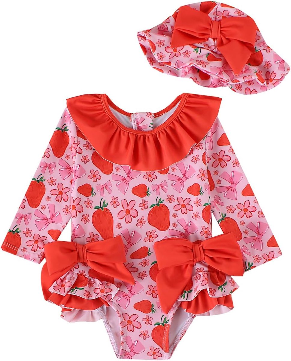 Babybadpak voor meisjes, met zonnehoed, lange mouwen, uv-bescherming
