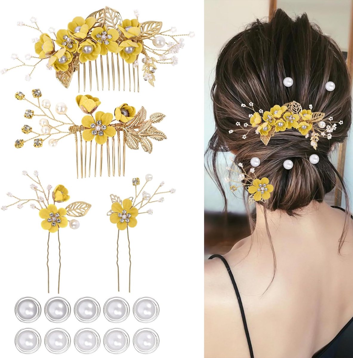4 bruiloftshaaraccessoires voor vrouwen, stijlvolle bruidshaarspelden, bloemen, bruidsmeisjeshaaraccessoires, 10 spiraalvormige parelhaarspelden voor bruiden, bruidsmeisjes, vrouwen en meisjes (geel)