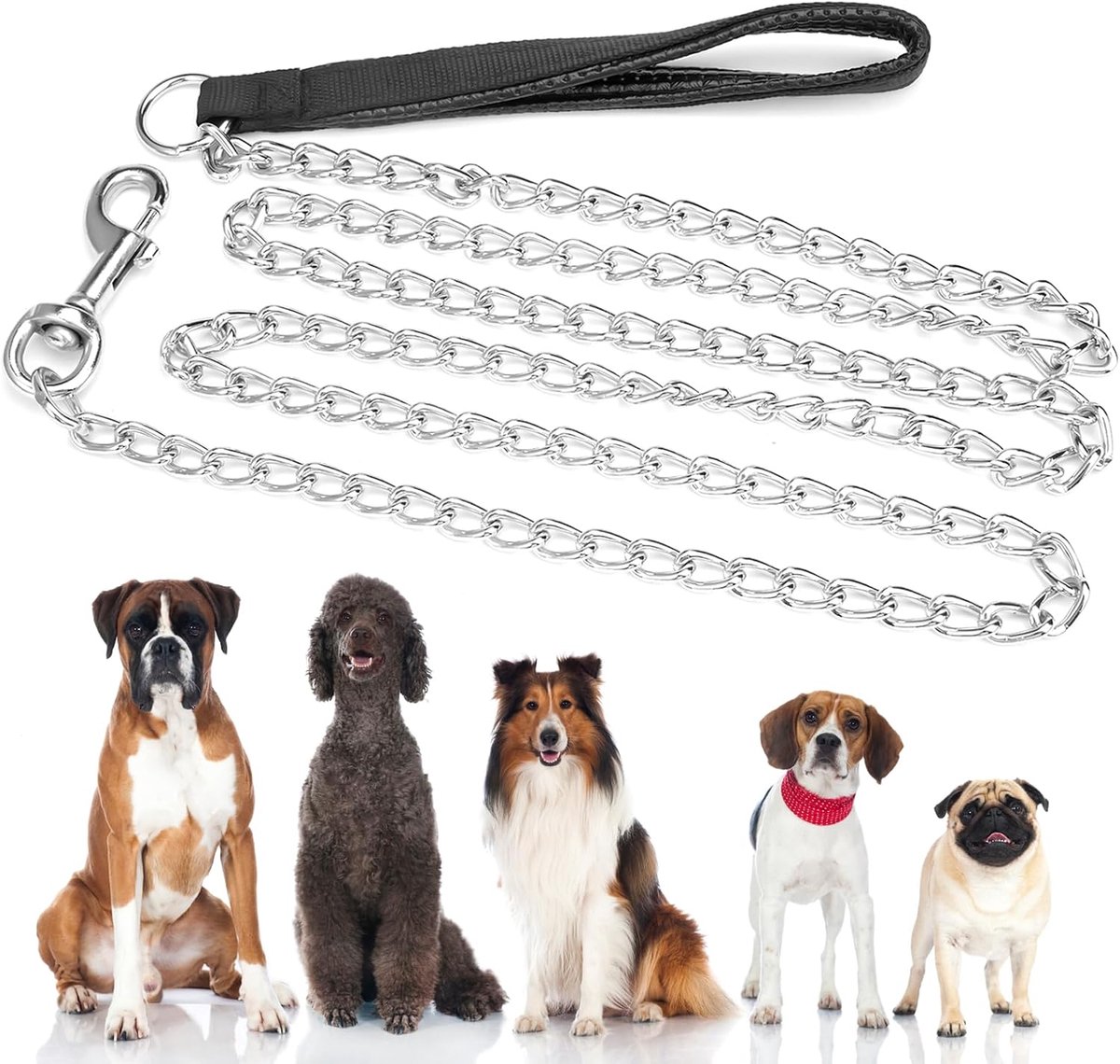 SnelShoppen - Hondenriem van metaal 180 cm, duurzame metalen ketting voor honden met zachte handgreep, ideale hondenriem voor middelgrote en grote hon