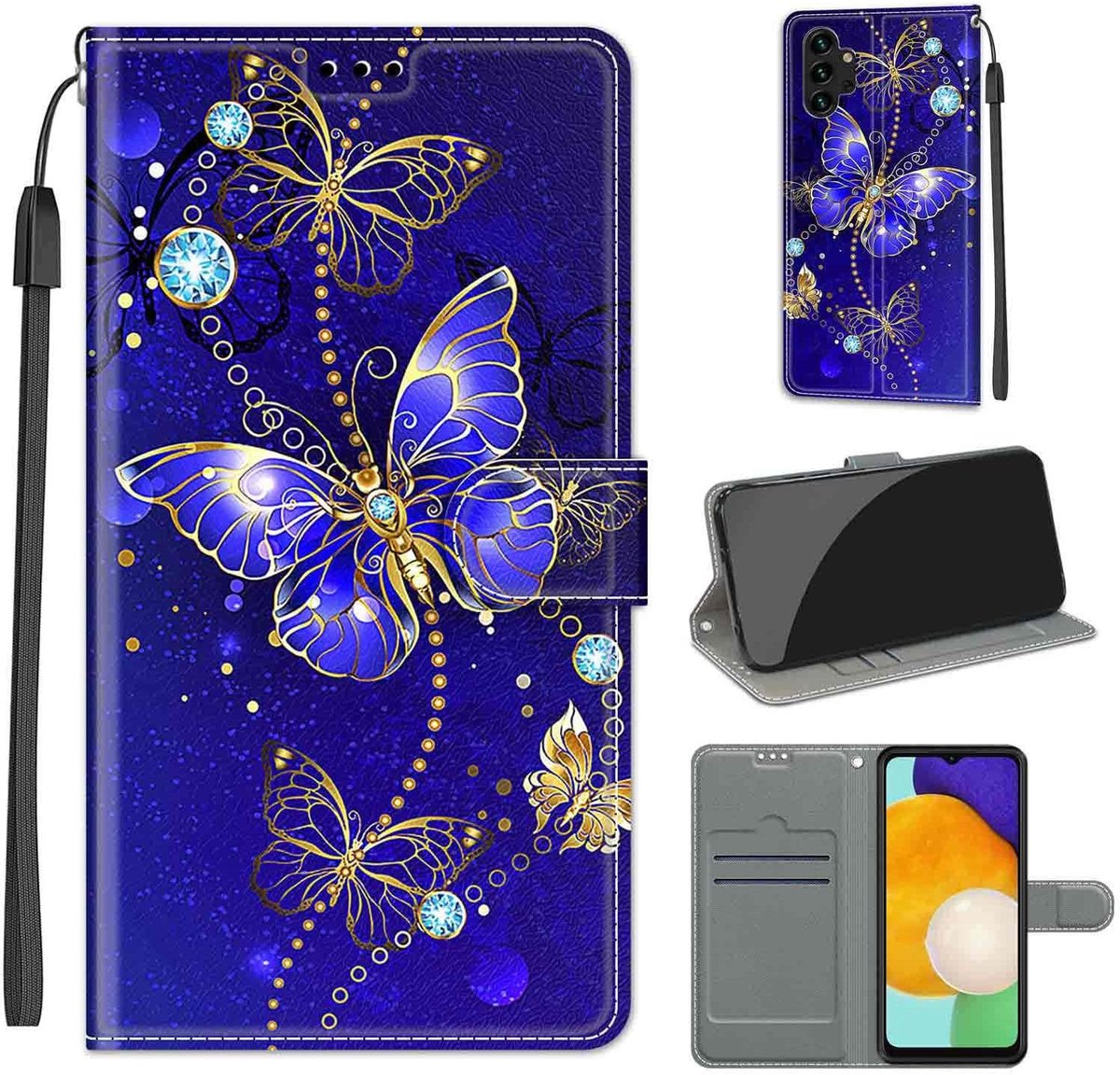 Hoes voor Samsung Galaxy A13 4G/5G/A04S, vlinder | Duurzaam PU-leer, Klaphoes met rondom bescherming, Kaartsleuven, Standfunctie
