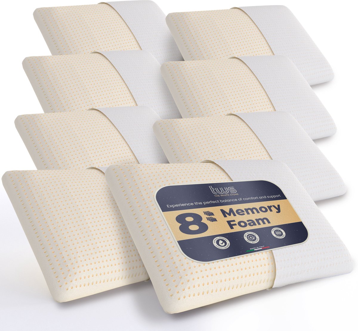 White Stone The White Stone Set van 8 Memory Foam Kussens 40 x 70 cm | Hoogte 11 cm | Hypoallergeen, Ergonomisch en Ademend Nekkussen | Anti-stikfunctie en Verkoelend Bianco