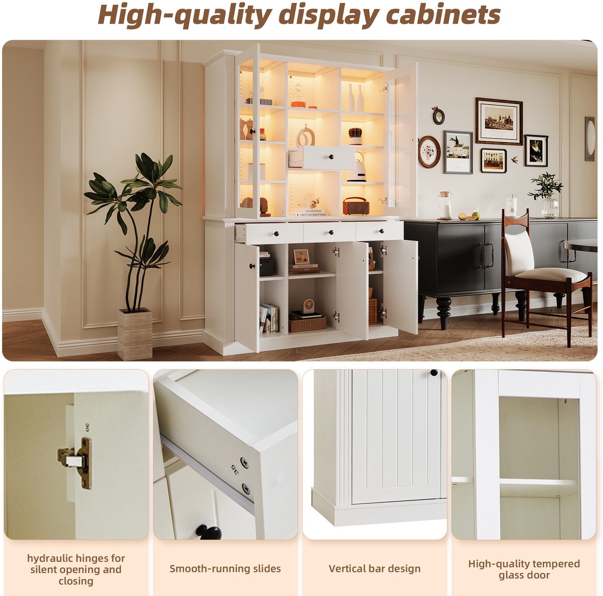 MIVRAY Vitrinekast - Met LED Verlichting En 4 Lades - Voor Woonkamer En Eetkamer - MDF En Gehard Glas - 119,5x40x180 Cm - Wit