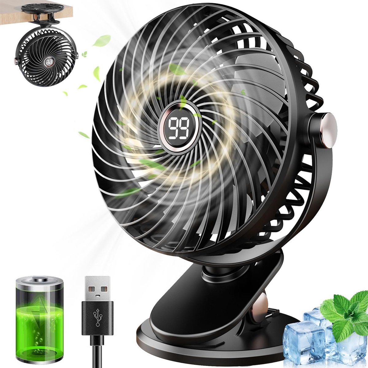 SnelShoppen - MUXIWOM Tafelventilator Mini-USB Ventilator met LCD, Stil en Draagbaar, 5 Snelheden, 720 Graden Draaibaar, Oplaadbare Ventilator voor Ka