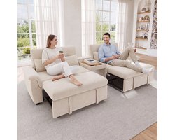 U-vormige slaapbank - uitschuifbaar - verstelbare rugleuning - huisdiergebied - salontafel met 2 bekerhouders - 4 kussens - beige