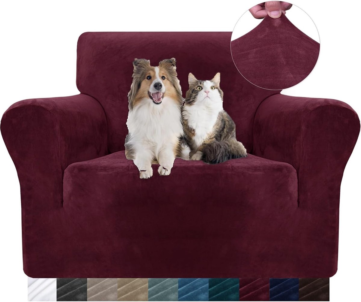 Velours Sofabescherming voor 1 Zitting, Universele Rekbare Hoes met Armleuningen, Elastische en Dierbestendige Sofa Cover in Bordeauxtint voor Woonkamer en Huisdieren