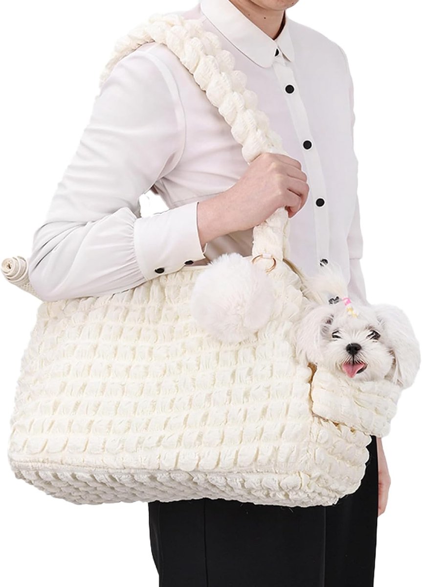 SnelShoppen - Modebewuste Dieren Transporttas, Luxe Gevoerde Dierenhandtas met Ventilatie en Fluffy Bal voor 12 Pond Hond/15 Pond Kat (Wit)