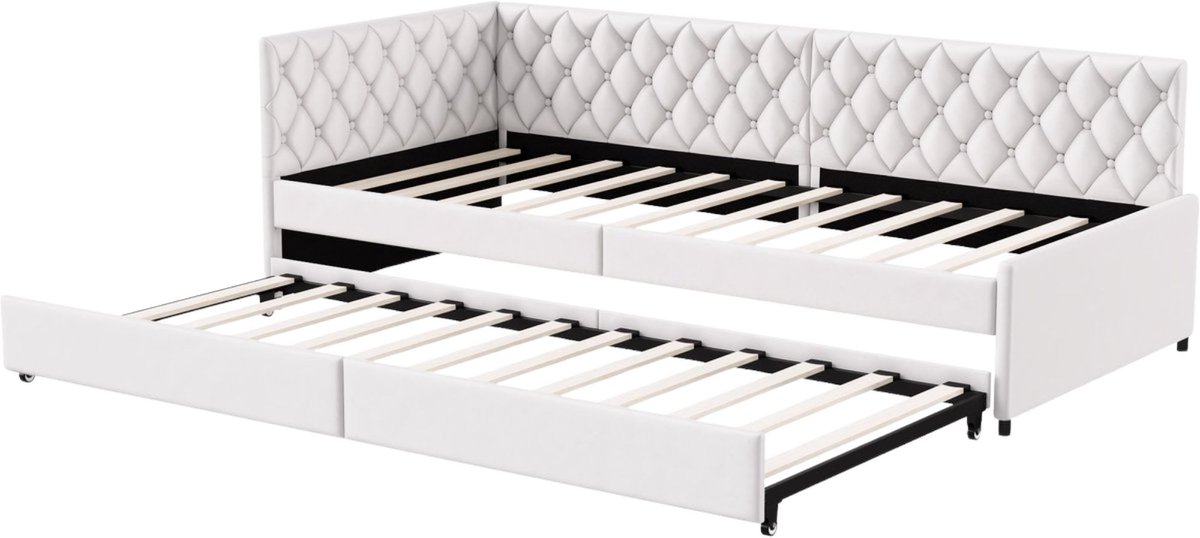 Happiq Uitbreidbaar Slaapbank Bed 90x200 cm - Fluwelen Bekleding - Beige - Bed met Uitschuifbare Functie en Lattenbodem