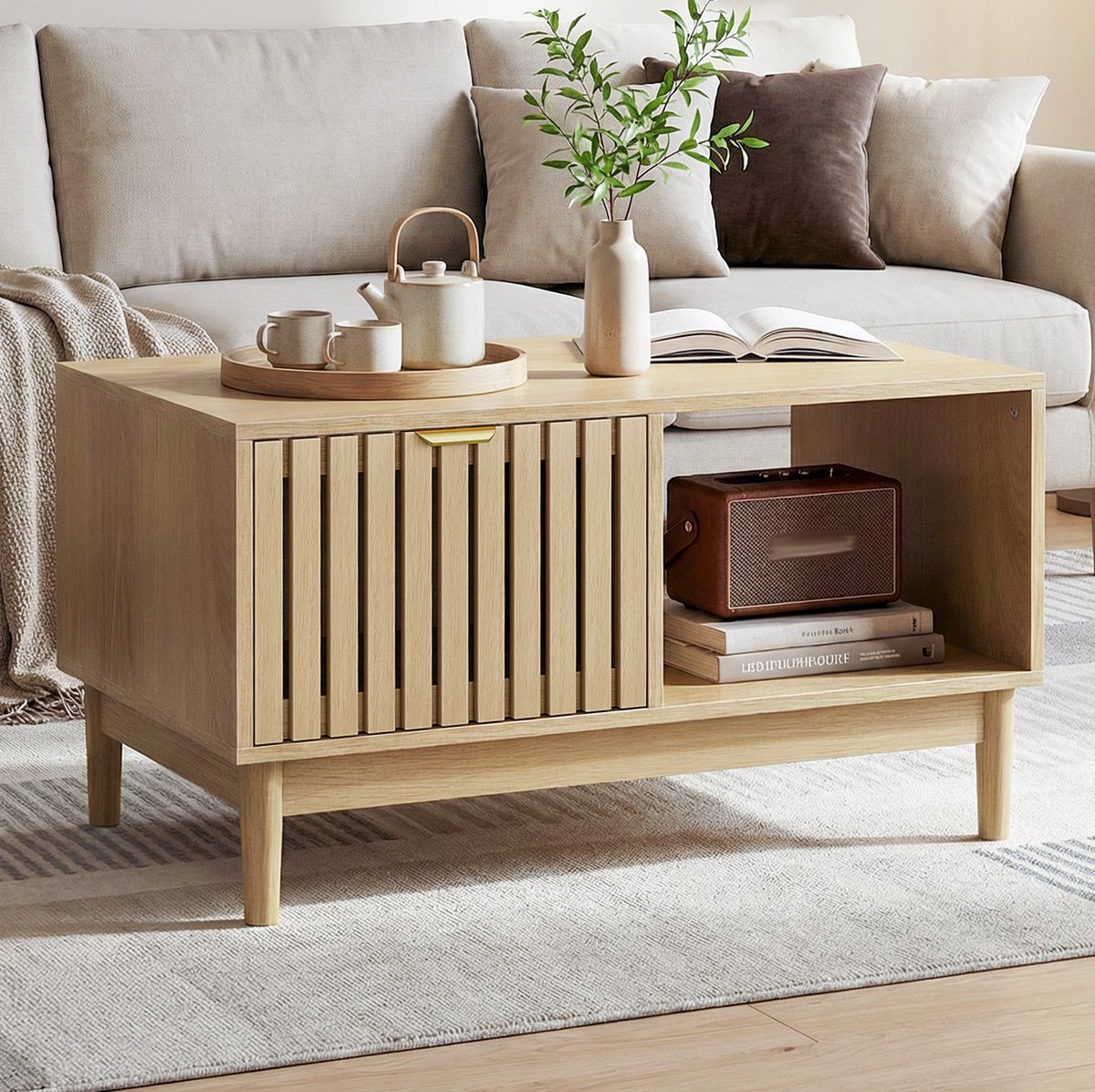 REDOM - Salontafel met opbergruimte - Rechthoekig - Lade en open vakken - Mid-century modern - Woonkamer - Hout - Eiken - 80 x 50 x 45 cm