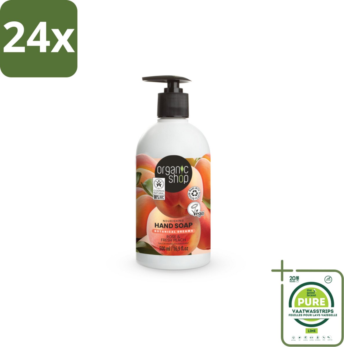 Organic Shop - Handzeep Rose & Peach - Verzorgend en Hydraterend - 500 ml - Voordeelverpakking - 24 stuks - Biologische handzeep - Handzeep rozen