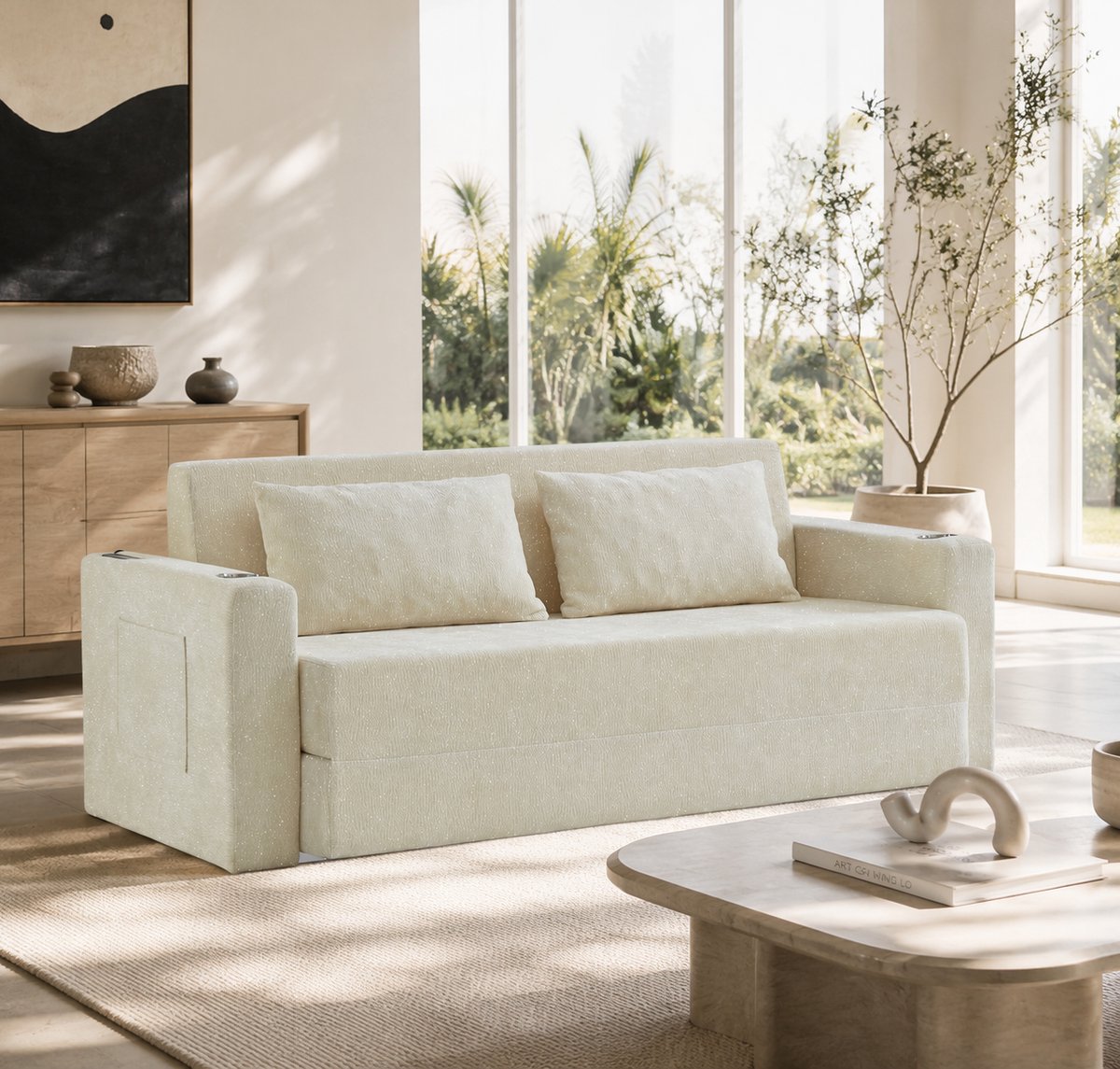 FloraGrace Slaapbank 2-Zits – Opvouwbaar Met USB-aansluiting, Bekerhouders En Opbergvakken – Voor Woonkamer En Appartement – Chenille – Beige