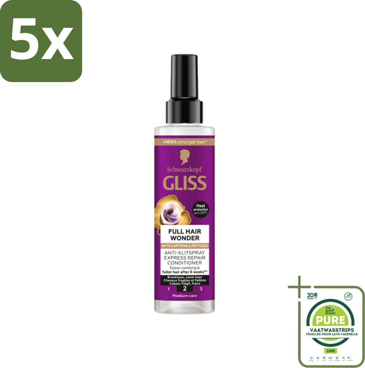 5 x Gliss - Anti-Klit Spray Full Hair Wonder - Voor Voller en Sterker Haar - 200 ml - Grootverpakking - Haarverlies - Haarversterking - Anti-klit Spray - Volume Shampoo - Haarspray