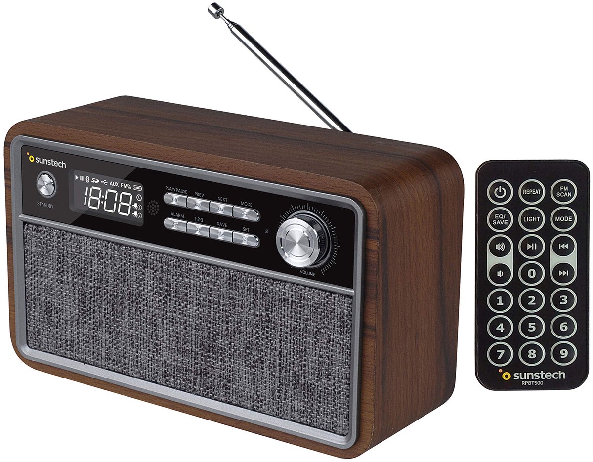 SnelShoppen - Compacte Houten FM-Radio met Bluetooth, Zendergeheugen, Klokmodus, Dual Alarm, USB, Micro SD, AUX-IN, Sterke Bas, Afstandsbediening voor