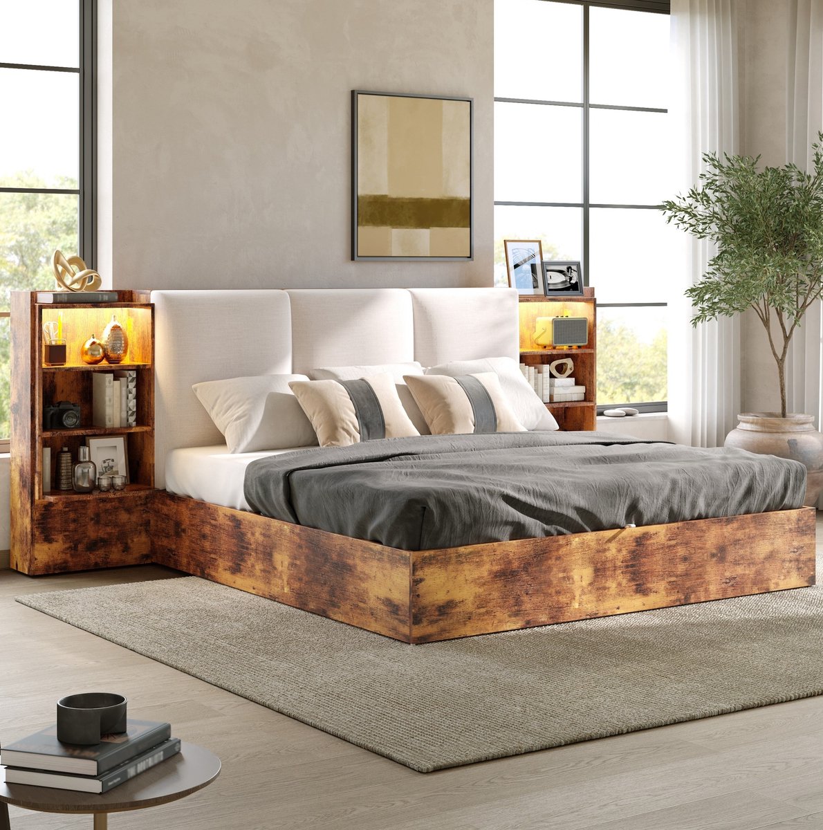 MIVRAY Bedframe 180 x 200 cm Met Gestoffeerd Hoofdbord En 6 Opbergvakken Met Opbergruimte En Led Verlichting Hout En Stof Bruin