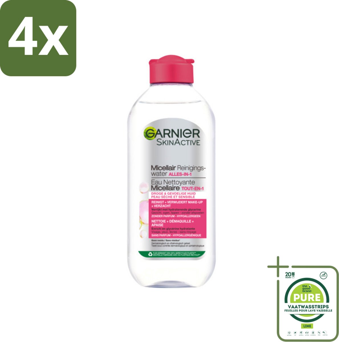 Garnier - SkinActive - Micellair Reinigingswater - Droge & Gevoelige Huid - Hydraterend & Reinigend - 400 ml - Voordeelverpakking - 4 stuks - Micellair water - Reinigingswater