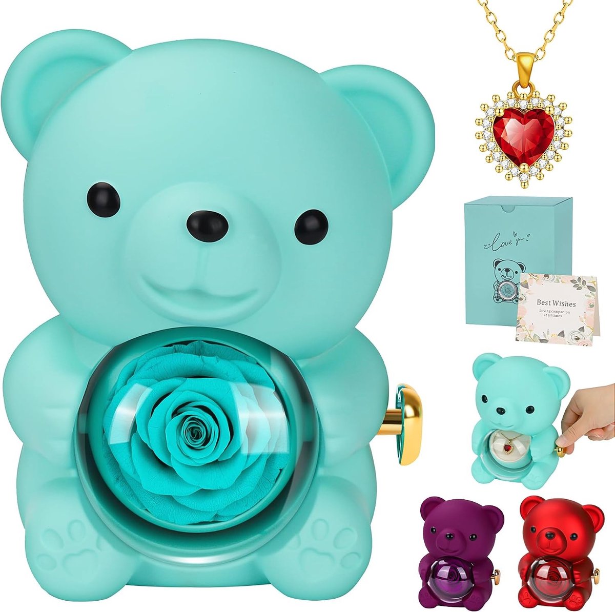 Rozenbox met Rode Hart Ketting, Perfect Cadeau voor Moederdag, Verjaardag en Jubileum voor Mama en Vrouw, Blauw